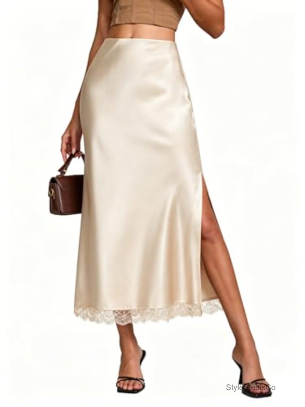 Satin Silk Maxi Slit Skirt Elastic Waistband A-Line Flowy Hem